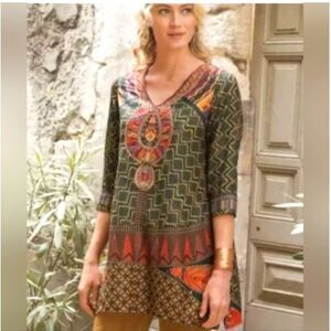 Soft Surroundings Dashiki Geometric Green and Orange Tunic With Embroidery Sz L